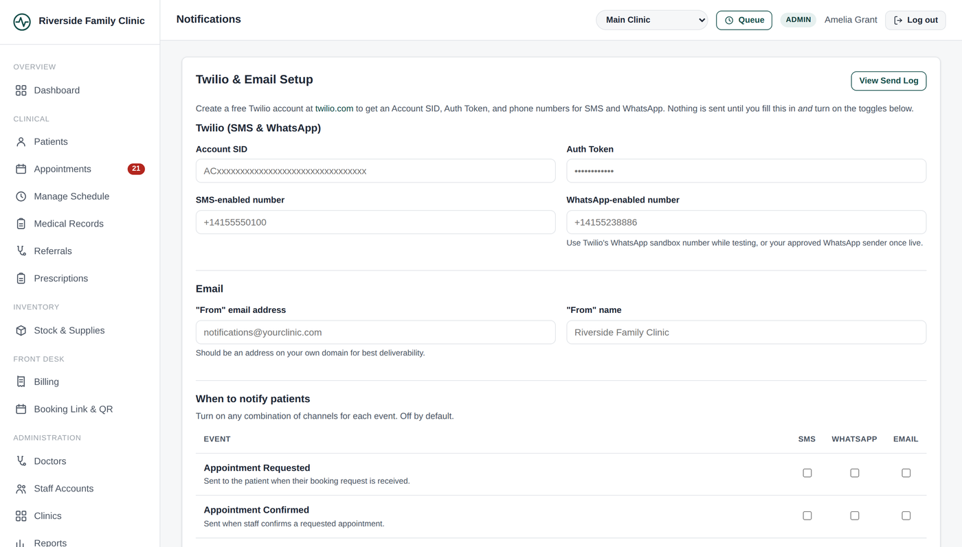 Riverside OS notification settings with SMS, WhatsApp, and email toggles